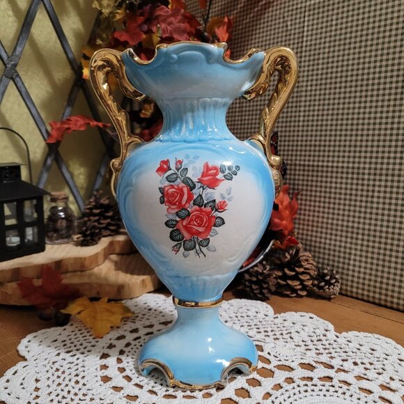 Blue Vintage Italian Porcelain Urn Vase with Pink Roses - Picture 1 of 13